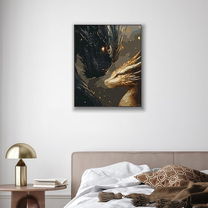 BYGFHLYW Animal Paint by Numbers Kit for Adults Beginners, Black Golden Dragon Easy Adult Paint by Number Kits On Canvas, DIY Acrylic Oil Painting Kits for Home Wall Decor 12x16Inch