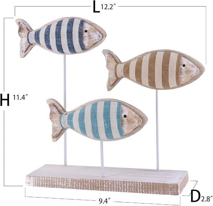 NAUTIMALL Wooden Fish Figurines with Jute Rope and Cotton String, Fish Sculpture Statues for Home Decoration, Table Top Nautical Decor for Living Room, Bedroom, Beachhouse Home Decor (StripedFish-3)