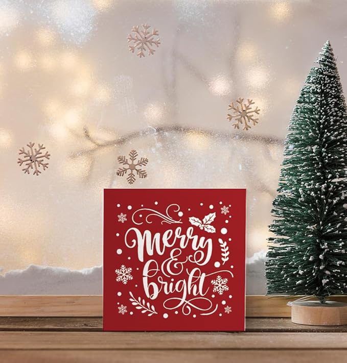 Merry and Bright Christmas Decor Wooden Box Sign, Christmas Desk Decor, Farmhouse Red Christmas Snowflake Xmas Wood Signs for Home Office Table Shelf Decoration, 5x5 Inch