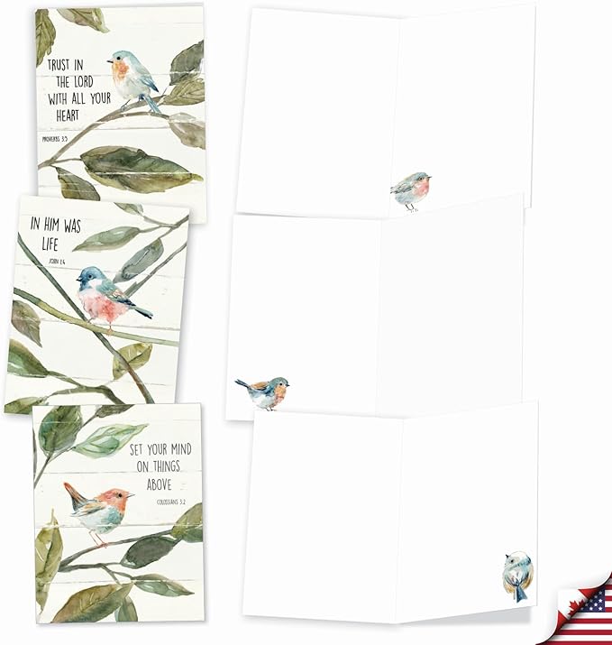 The Best Card Company - 20 Blank Notes with Envelopes - All Occasion Animal Assortment (10 Designs, 2 Each) - Scripture Birds AM7108OCB-B2x10-NB