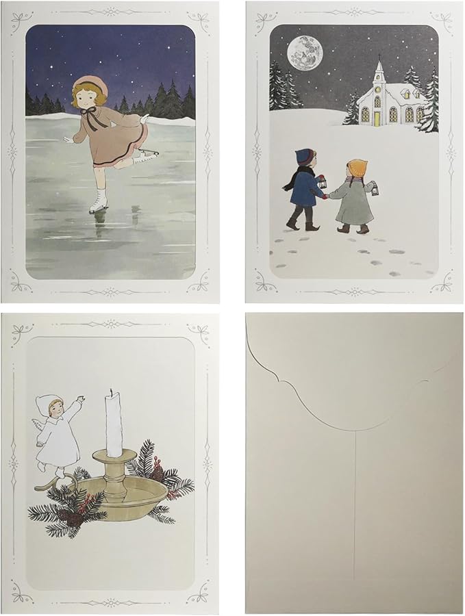 Light-Reveal Winter Greeting Card Set (3 Designs) – “Skating Girl”, “Wonderland”, and “Light” Vintage Holiday Cards with Envelopes, Cozy Christmas & Winter Season Illustrations