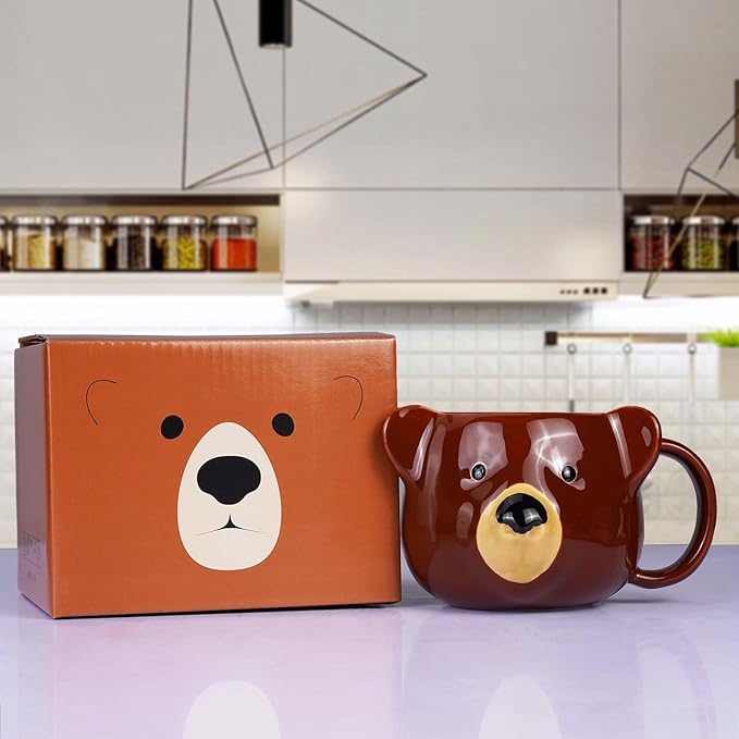 Bear Mug 14 oz Ceramic Coffee Mug 3D Porcelain Tea Cup for Women & Men - Kawaii Bear Gifts for Christmas, Housewarming, Birthday - Brown