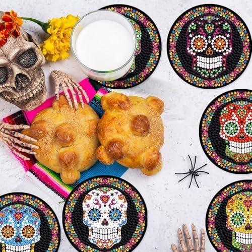 8Pcs Halloween Skull Diamond Coaster with Holder DIY Day of The Dead Art Painting Coaster for Beginners - Image 4