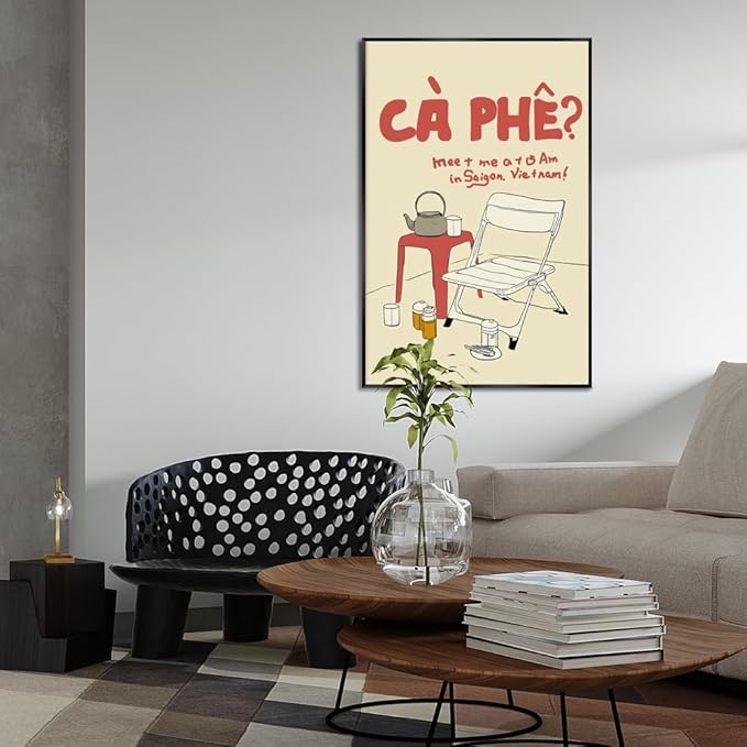 Metal Black Frame Vintage Vietnamese Coffee Culture Wall Art Outdoor Folding Chair Tea Set Canvas Poster Meet Me At 5 Am In Saigon Vietnam Print Minimalist Decor for Living Room Decoration 16x24inch
