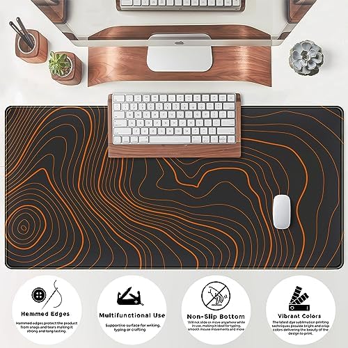 Black Desk Pad Large Gaming Moues Mat Minimalist Orange Topographic Map Desk Mat Extended XL Mousepad 31.5 x 15.7 in, with Anti-Slip Desk Pad Keyboard Stitched Edges Long Computer Keyboard Mouse Mat - Image 5