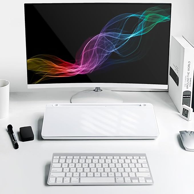 Glass Desktop Whiteboard with Storage 15" x 7" Desk Dry Erase Board with Marker & Eraser Compact Desk Organizer Computer Keyboard Stand Desk Board Buddy for Office, Home, School