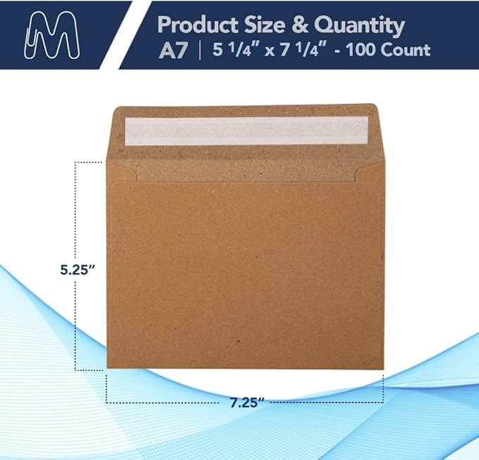 MOS A7 Kraft Envelopes 5.25 x 7.25 Inch 100 Pack — Brown Self-Seal Heavyweight Invitation Envelopes for Weddings, Greeting Cards, Thank You Cards, Photos, Business Mailings