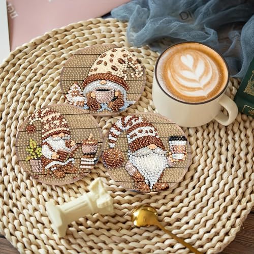 Clendo 8 Pcs 5D Diamond Art Coasters Kits with Holder, Gnome Coffee Diamond Painting Coasters Set for Adults, Small Mini Diamond Dots Kit for Beginners DIY Art Craft Home Decor - Image 5