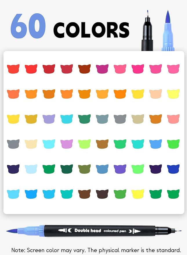 60 Colors Dual Tip Brush Pens, Fine Felt Tip and Brush Tips Colored Pens for Adults and Kids, Coloring Markers for Coloring Book Bullet Journaling Note Taking Hand Lettering