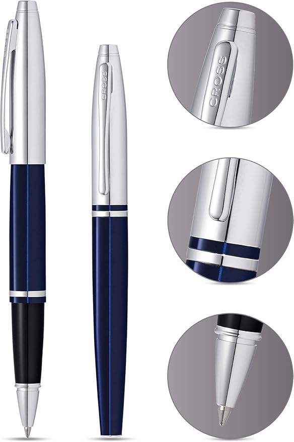 Cross Calais Refillable Rollerball Pen Presented in a Luxury Gift Box - Medium Point, Black Ink, Chrome & Blue