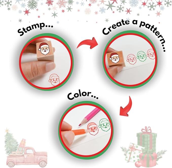 48 Piece Merry Christmas Craft Kit Wooden Stamp Set with Ink Pads Colored Pencils Stickers Cards Envelopes DIY Holiday Card Making Set for Kids Adults Classrooms Festive Family Fun