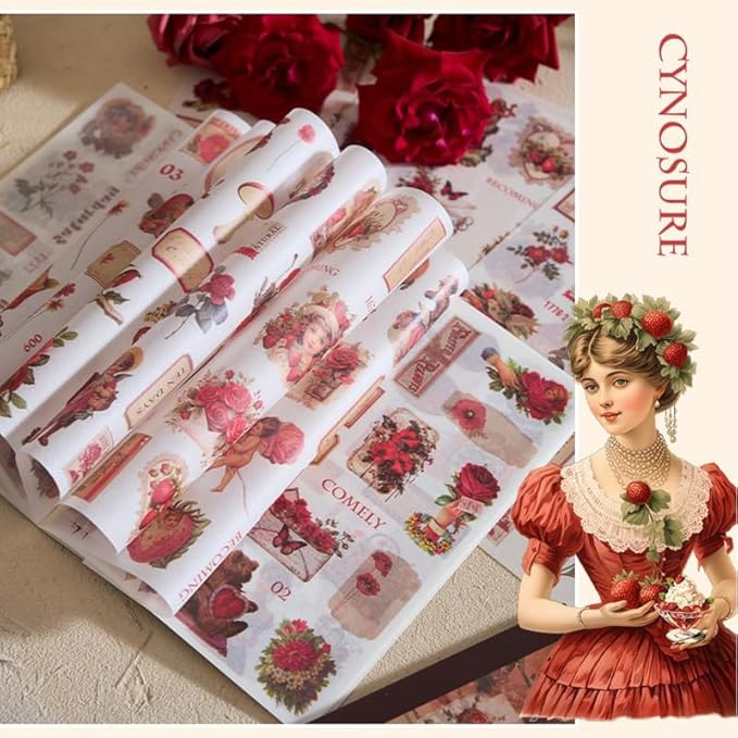 Vintage Stickers for Scrapbooking, Junk Journal - 24 Sheets Washi Sticker, Victorian Journal Stickers Book for Women, Self-Adhesive Scrapbook & Junk Journal Supplies (Red)