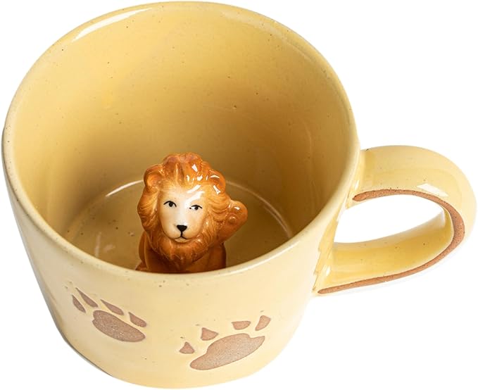 DIHOclub Lion Coffee Mug Ceramic 3D Wild Animal Inside Cup,Cute Cartoon Handmade Figurine Mugs,Holiday and Birthday Gift for Coffee Milk Tea Lovers,12 OZ (Yellow Lion)