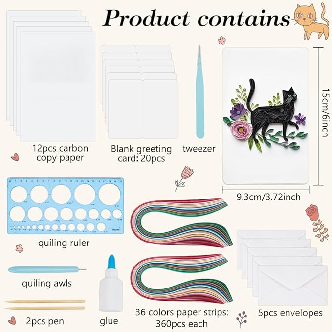 WEBEEDY 20 Sets DIY Cat Paper Quilling Kit with Instruction for Adult Beginner 5 Styles Cat Flower Greeting Cards Making Kit with 20 Blank Cards,36 Colors Strips,Quilling Tools Pet Lover Gifts