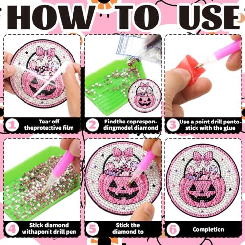 8 Pcs Halloween Diamond Art Coasters Cute Pink Gothic Cat Diamond Art Painting Coasters with Holder DIY Crafts Kits for Halloween Party Decor Gift - Image 3