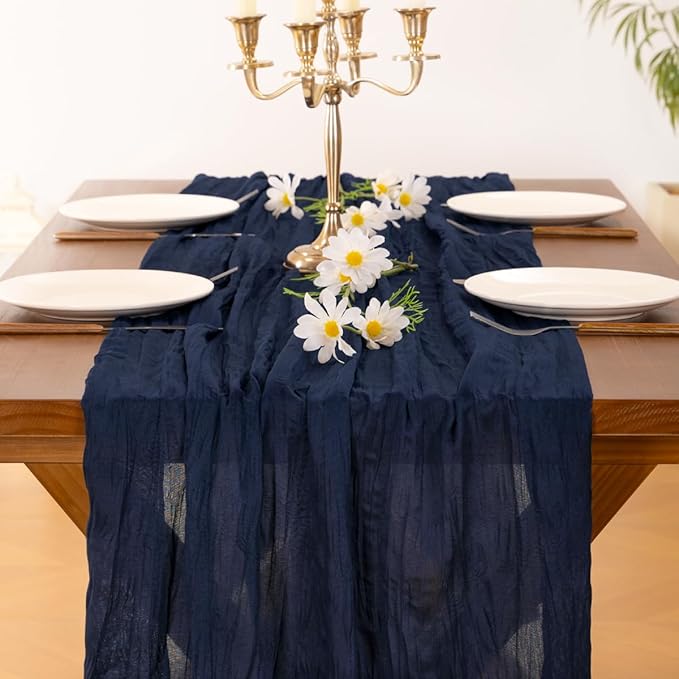 Socomi 6pcs Navy Blue Valentine's Day Cheesecloth Table Runner Boho Rustic Gauze 120 inch 10FT Cheese Cloth Runner for Wedding Party Baby Shower Birthday Home Decor Holiday Decorations