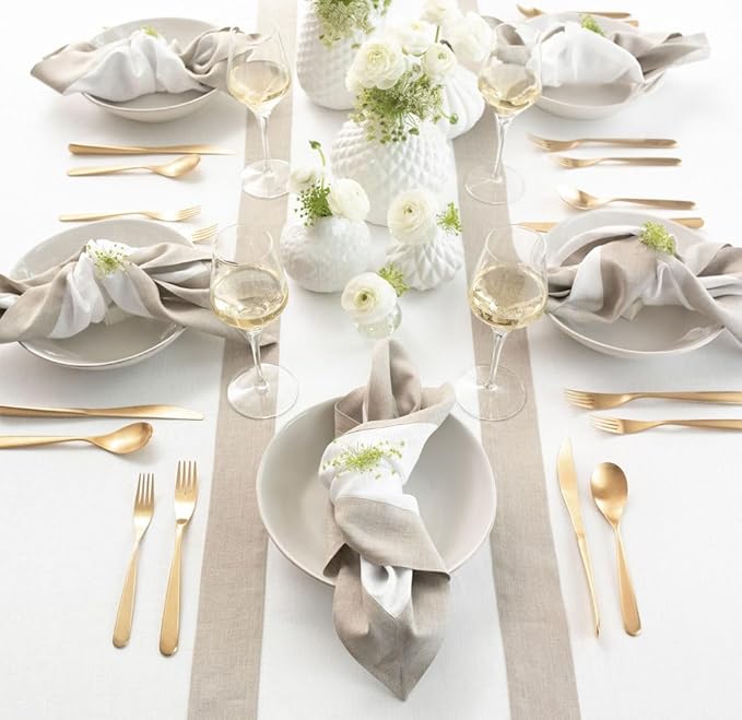 Solino Home Linen Table Runner 120 Inches Long - 100% Pure Linen Natural and White Dining Table Runner 14 x 120 Inch for Winter, Spring, Easter - Contempo