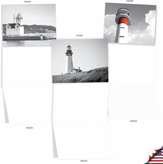 The Best Card Company - 10 Blank Note Cards with Envelopes For Men and Women (4 x 5.12 Inch) - Black & White Photos, Bulk Boxed Set - Red Beacons M1707BN