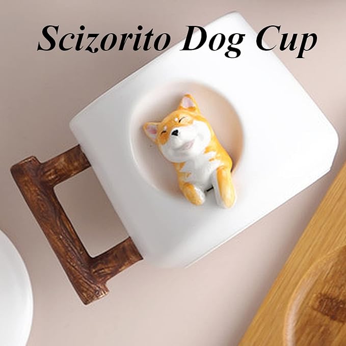 Cute Dog Couple Cup, Ceramic Coffee Mug with a Lid, Paws on the Top of the Spoon, Cute Shiba Lnu Three-dimensional Design, with Matte Texture, (420ML Black Head)