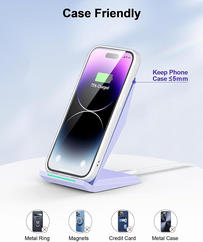 NANAMI Wireless Charger with USB C Charger - Qi Certified Fast Wireless Charging Stand Compatible with iPhone 17/16/15/14/13/12, Phone Charger Dock for Samsung Galaxy S25/S25+/S25 Ultra/S24/S23/S22