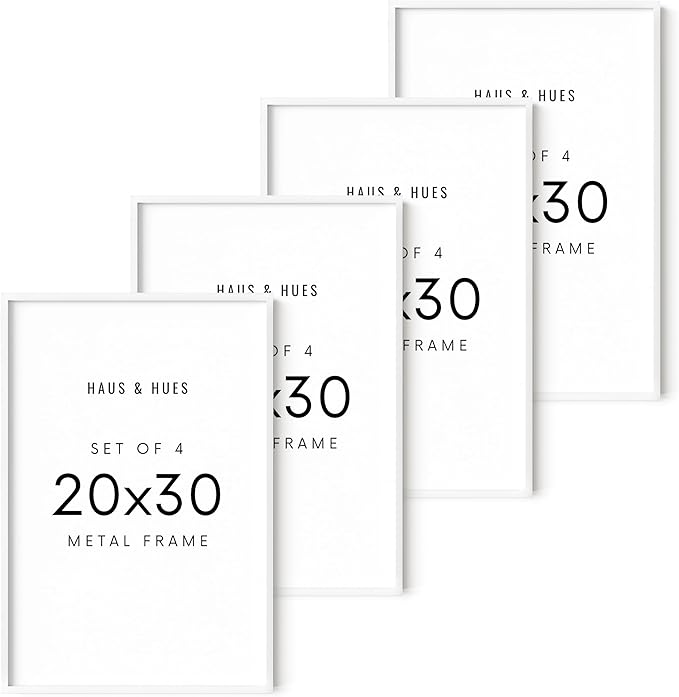 HAUS AND HUES 20x30 White Aluminum Frame Set of 4 - Premium Build, Vertical & Horizontal Hanging, Shatterproof Plexiglass (20x30 in, White)