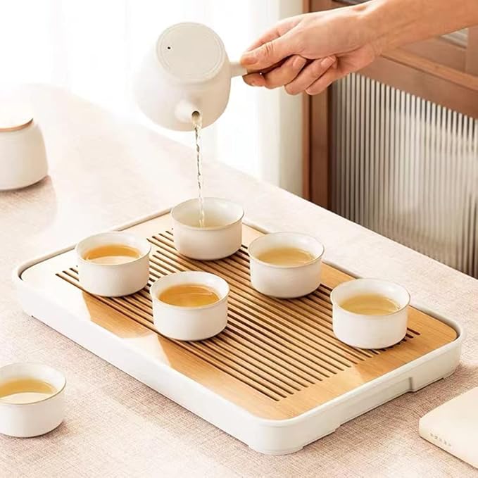 14 Inch Bamboo Chinese Gongfu Tea Tray Table Box with Water Storage for Kungfu Tea Set (Style 5 White)