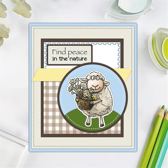 Sheep Eating Grass Stamps and Cutting Dies for Card Making DIY Transparent Silicone Clear Stamp and Metal Die Cuts Sets for Scrapbooking Paper Greeting Cards Decor Seals Craft Supplies