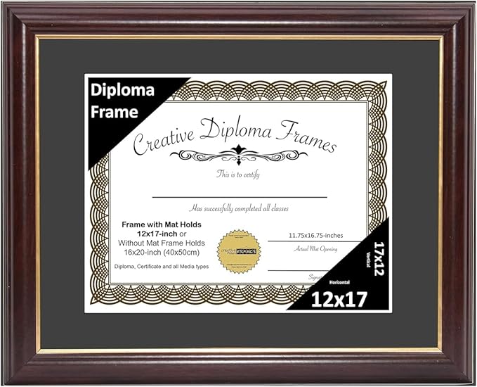 Creative Picture Frames 12x17 Mahogany Gold Rim Diploma Frame with Black Mat Glass and Installed Wall Hangers | Frame Holds 16x20 Media without Mat