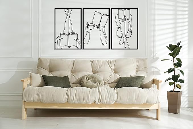 Set of 3 Bookish Metal One Line Art, Woman Reading Book, Minimal Artwork, Feminine Art, Aesthetic Room Decor, Book Lover Art, Above Bed Decor, Home Decor (White, 31.5 x 64.3” / 80 x 163.3 cm (total size))
