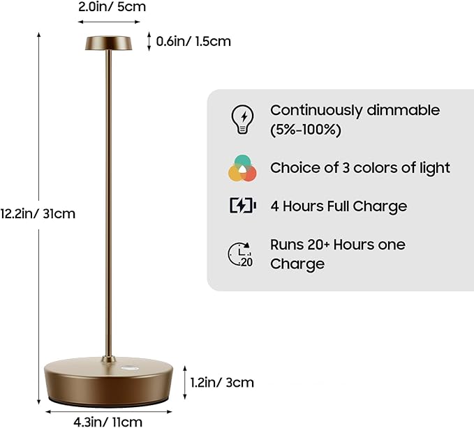 2Pack Cordless LED Table Lamp，Rechargeable Battery Operated Table Light, 3 Color Stepless Dimmable Table Lamp, Portable Table Light for Outdoor/Restaurants/Patio