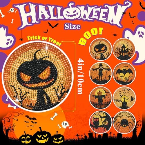Leatrice 8 PCS Halloween Diamond Art Coasters Set with Holder 4 in - Image 4