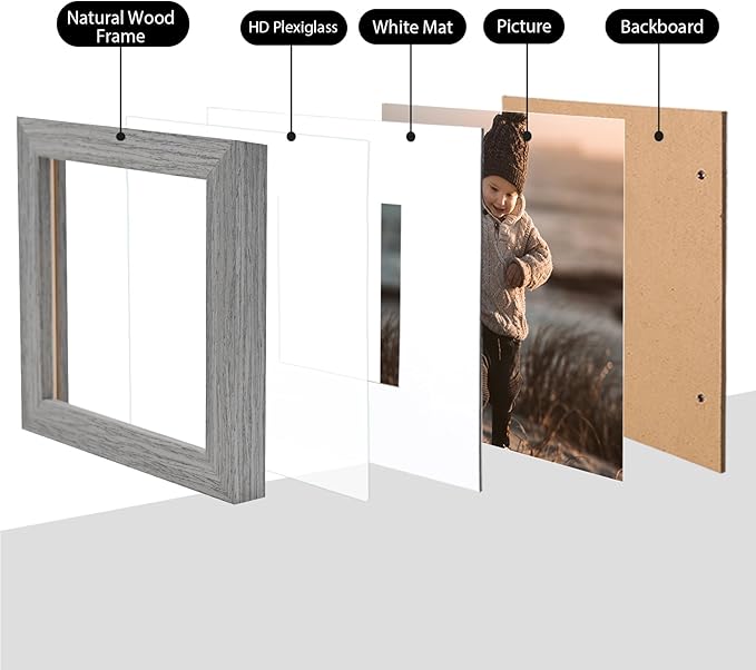 KINLINK A5 Picture Frame, Grey Solid Wood Frames with Acrylic Plexiglass for Pictures 4x6 with Mat or A5 without Mat, Tabletop and Wall Mounting Display 4 Pack