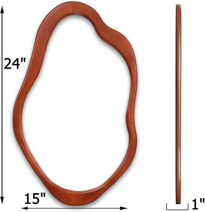 24"x 15" Wavy Wall Mirror Wood Frame, Modern Decorative Asymmetrical Mirror for Bedroom, Living Room, Entryway Walnut Color