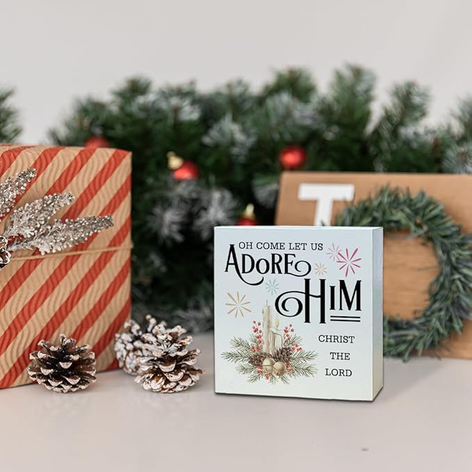 Christmas Christian Wooden Desk Decor Sign, Oh Come Let Us Adore Him Christ The Lord Wooden Box Sign, Religious Christmas Home Plaque for Living Room Bedroom Tabletop Decor 5x5 Inches