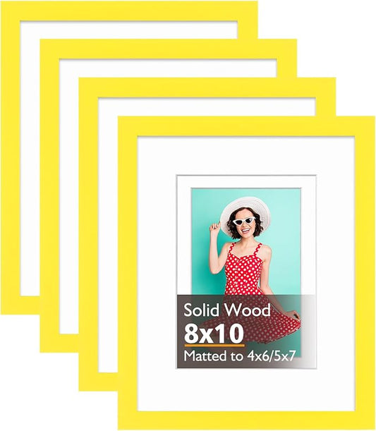 KINLINK 8x10 Picture Frame Yellow, Solid Wood Frames with Acrylic Plexiglass for Pictures 4x6/5x7 with Mat or 8x10 without Mat, Tabletop and Wall Display Photo Frame, Set of 4
