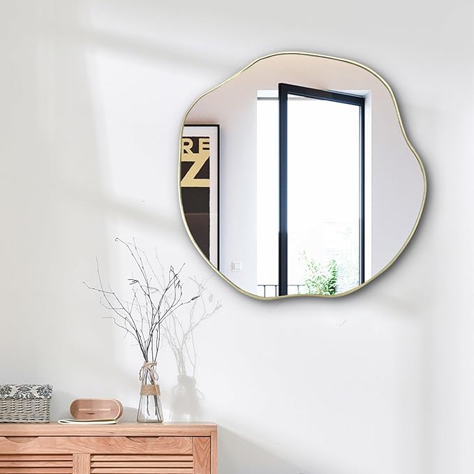 POZINO Gold Irregular Mirror, 20" Asymmetrical Wall Mirror, Scalloped Rounded Mirrors, Modern Frameless Abstract Mirrors for Living Room Bedroom Bathroom Entryway Hallway Fireplace