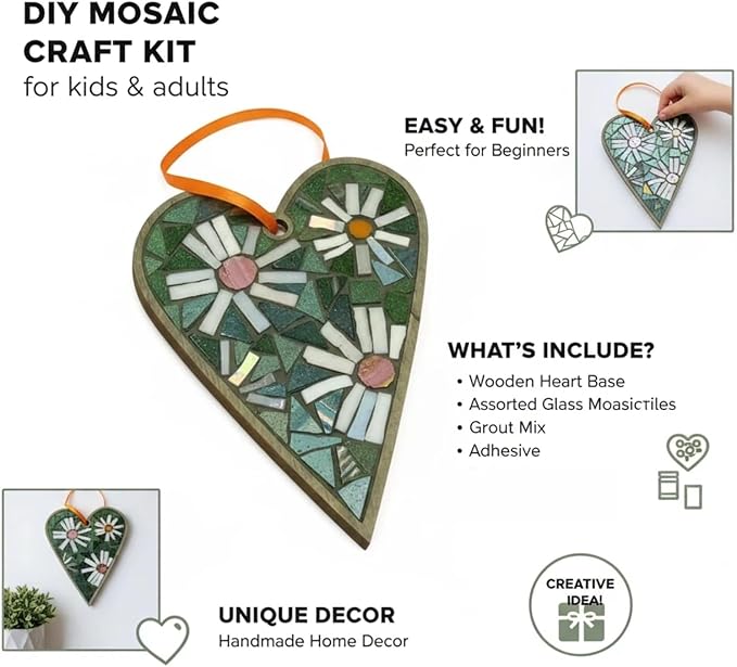 TATREBCRE DIY Mosaic Kit for Adults & Kids – Feather, Bird, Cat & Heart Designs – Christmas Gift Arts and Crafts Kit with Grout & Tools – Easy Mosaic Craft for Beginners (White Flower)