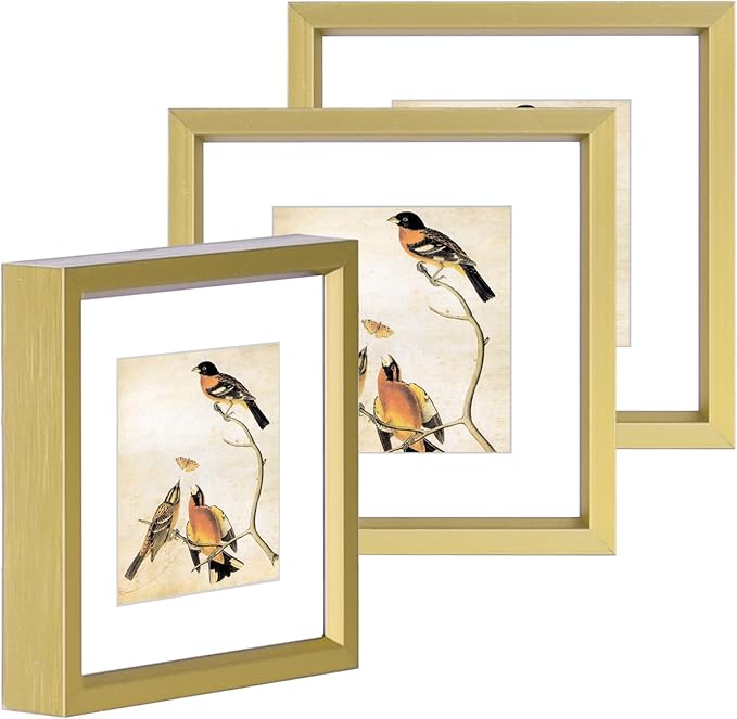 3x3 Picture Frame Set of 3, Brass Metal Square Photo Frames with HD Glass, Fits 2x2 with Mat or 3 x 3 without Mat, Display for Wall and Table