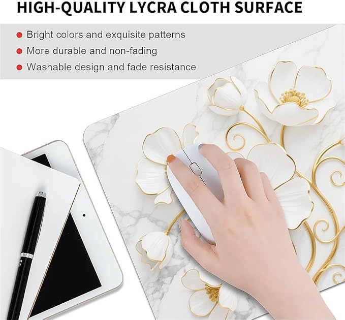 Square Mouse Pad White Marble Flowers, Personalized Premium-Textured Custom Mouse Mat Design, Washable Mousepad Cloth, Non-Slip Rubber Base Computer Mouse Pads for Wireless Mouse