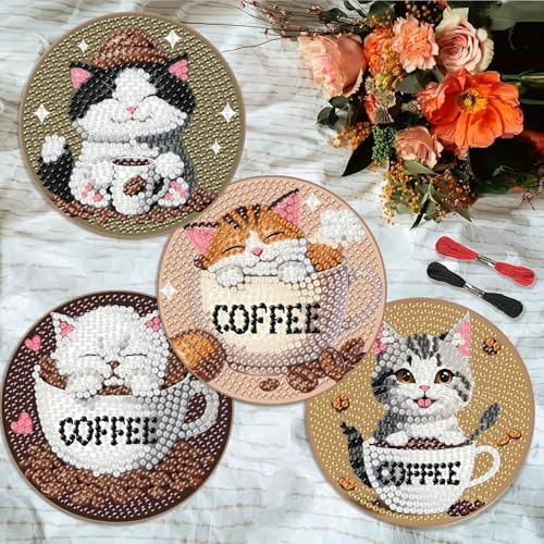 Clendo 8 PCS Diamond Art Coasters - Cat Coffee Diamond Painting Coasters Kits with Holder Cork Pads DIY for Beginners, Adults, Diamonds Art Crafts Supplies - Image 2