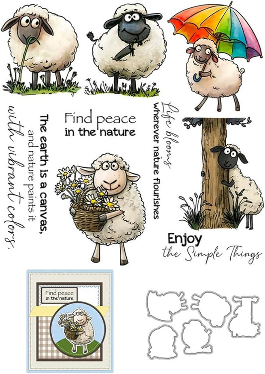 Sheep Eating Grass Stamps and Cutting Dies for Card Making DIY Transparent Silicone Clear Stamp and Metal Die Cuts Sets for Scrapbooking Paper Greeting Cards Decor Seals Craft Supplies