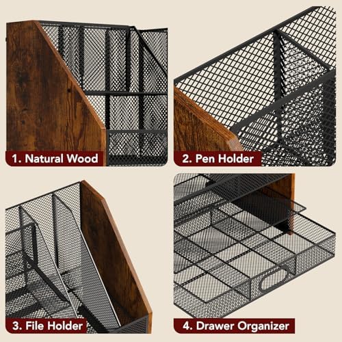 Homsorout Wooden Desk Organizer - Mesh File Organizer with Drawers and Pen Holder - 4-Tier Vertical Paper Letter Storage Tray, Desktop Organizers and Accessories for Home Office - Image 5