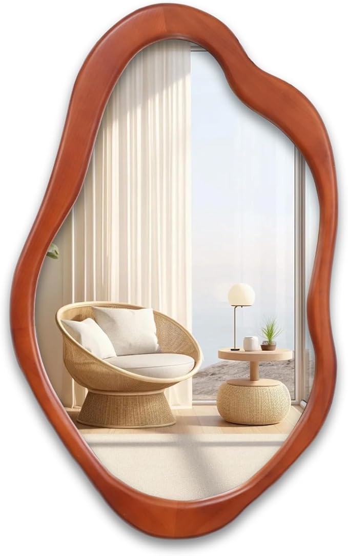 24"x 15" Wavy Wall Mirror Wood Frame, Modern Decorative Asymmetrical Mirror for Bedroom, Living Room, Entryway Walnut Color