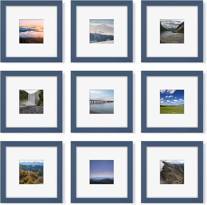 8x8 Picture Frame Set of 9, Photo Gallery Wall Frame Set, Display Pictures 4x4 with Mat or 8 x 8 Without Mat, Square Frame Picture Frames Collage Wall Decor, Blue