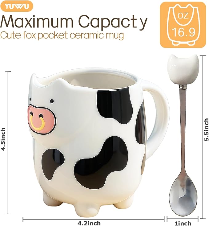 Yuwu 17oz Cow Mug with Built-in Tea Bag Holder and Spoon – Cute Glossy Ceramic Animal Cup for Milk Tea, Coffee, Kids, Girls – Farm Gift for Birthday, Christmas (whit)