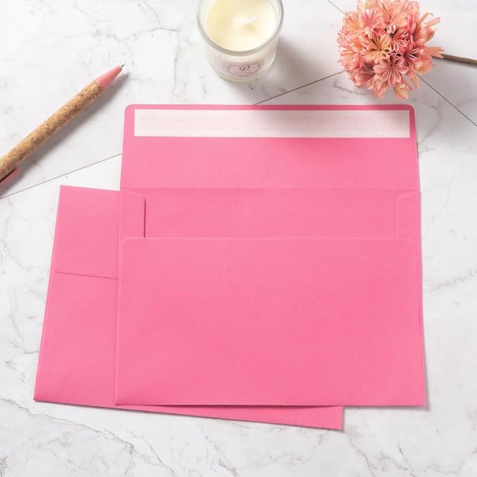 Wishop 50 Pack Pink 4x6 Self-Adhesive Envelopes with Fold Cards 5 Colors for Wedding Invitations and Greeting Cards (Pink 5 Colors, 4x6)