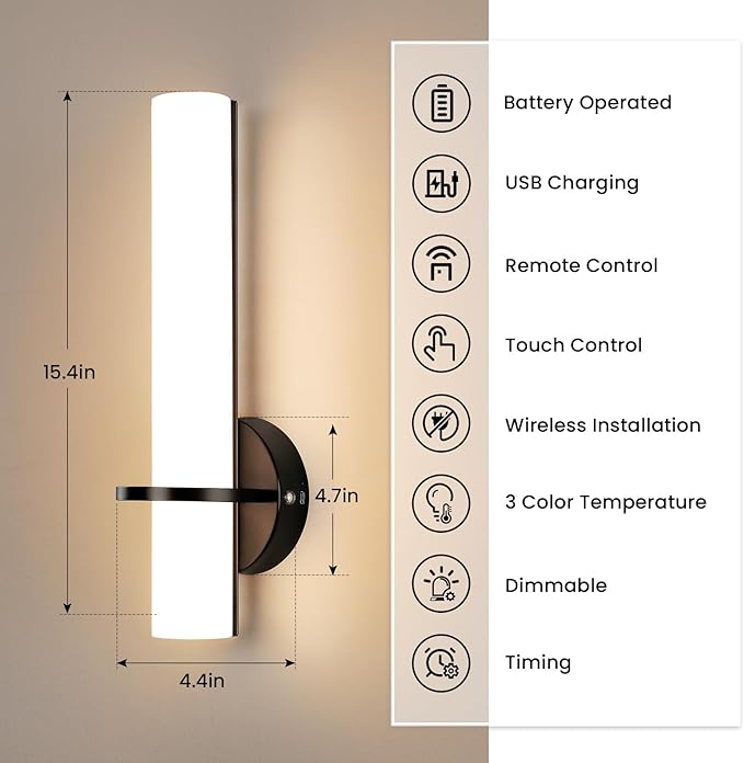 Black Battery Operated Wall Sconces Set of 2, 10000mAh Rechargeable Wireless Wall Sconce with Remote Control, 3000K-6000K Dimmable LED Wall Lights for Living Room Bedroom Hallway 15 Inch