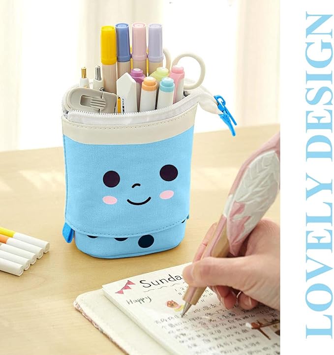 Cute Standing Pencil Case Pen Holder for Kids, Pop Up Stand UP Bubble Tea Pen Organizer Kawaii Stationary for Christmas Holiday New Year Office (Blue)