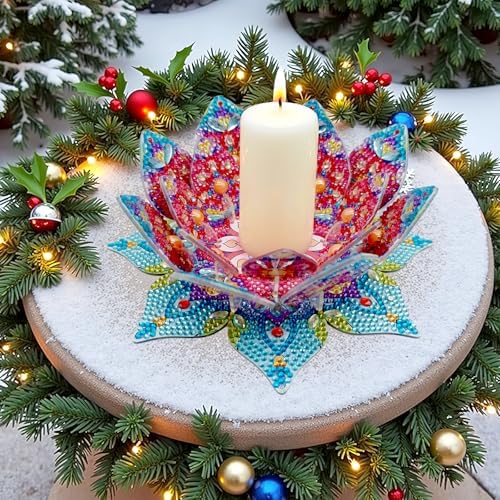 jinglinhh DIY Mandala Lotus Diamond Art Painting Aromatherapy Candle Holder Kit for Adults, Acrylic Diamond Art Tabletop Candlestick Holder Tray Ornaments Craft Project for Beginners(Red Lotus) - Image 2