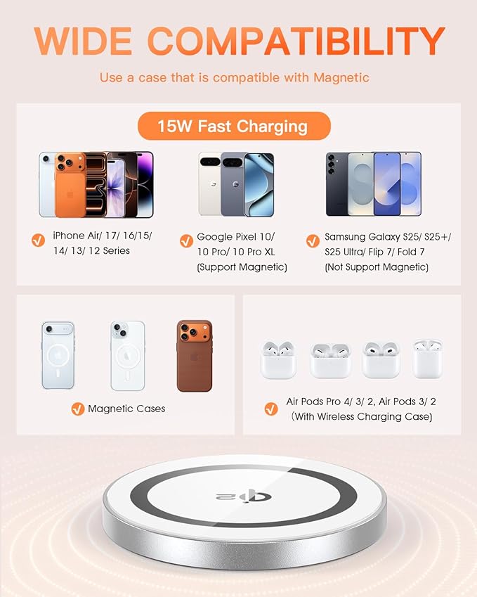 for Mag-Safe Charger 2 Pack,Qi2 Certified 15W Magnetic Wireless Charger Fast Charging Pad for iPhone 17 16 15 14 13 12&Airpods Pro 4 3 2&Samsung Galaxy S25&Pixel 10 Series,Strong Magnet,Ultra-Thin